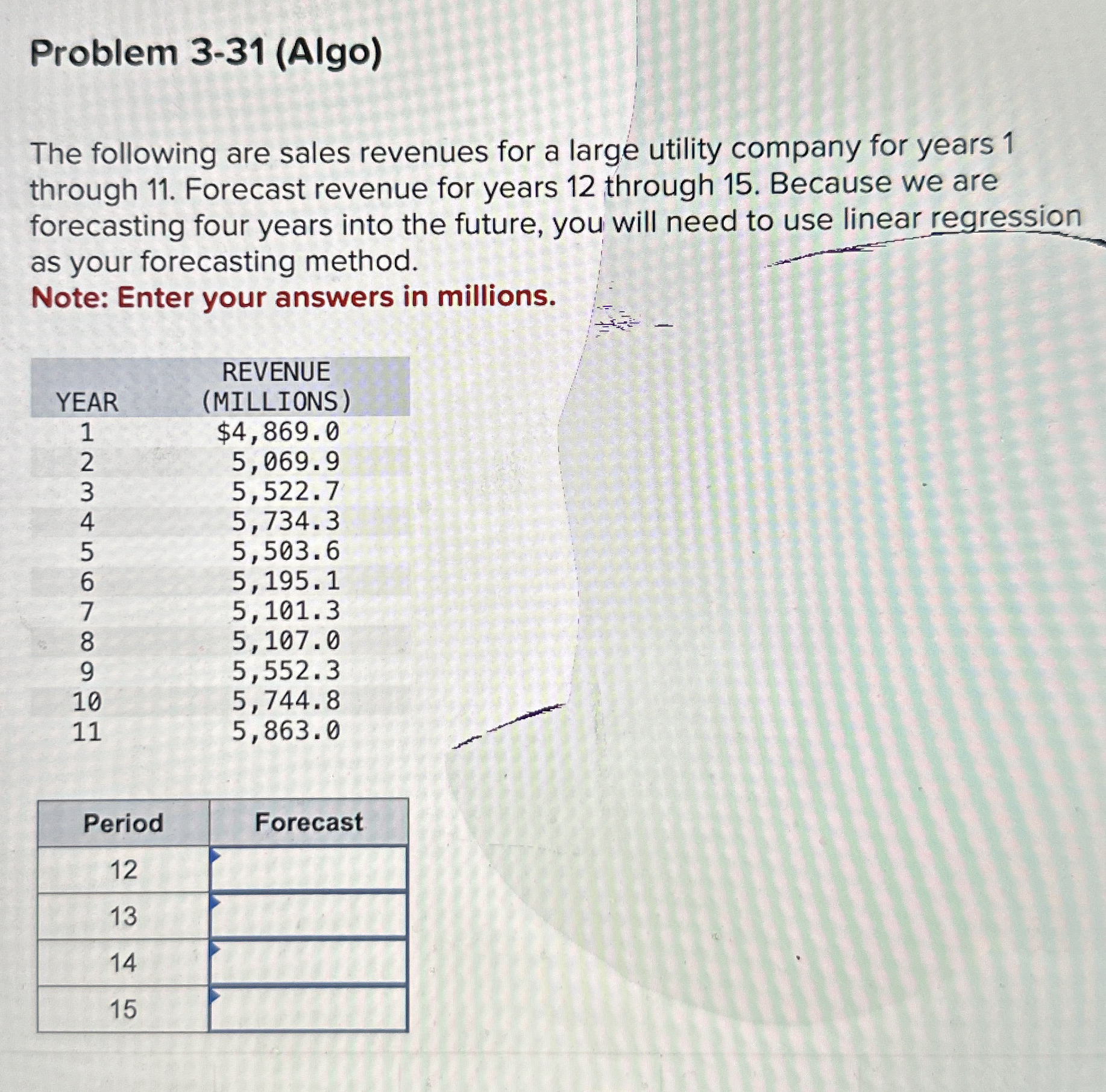  Problem 3-31(Algo) The following are sales revenues for a large utility