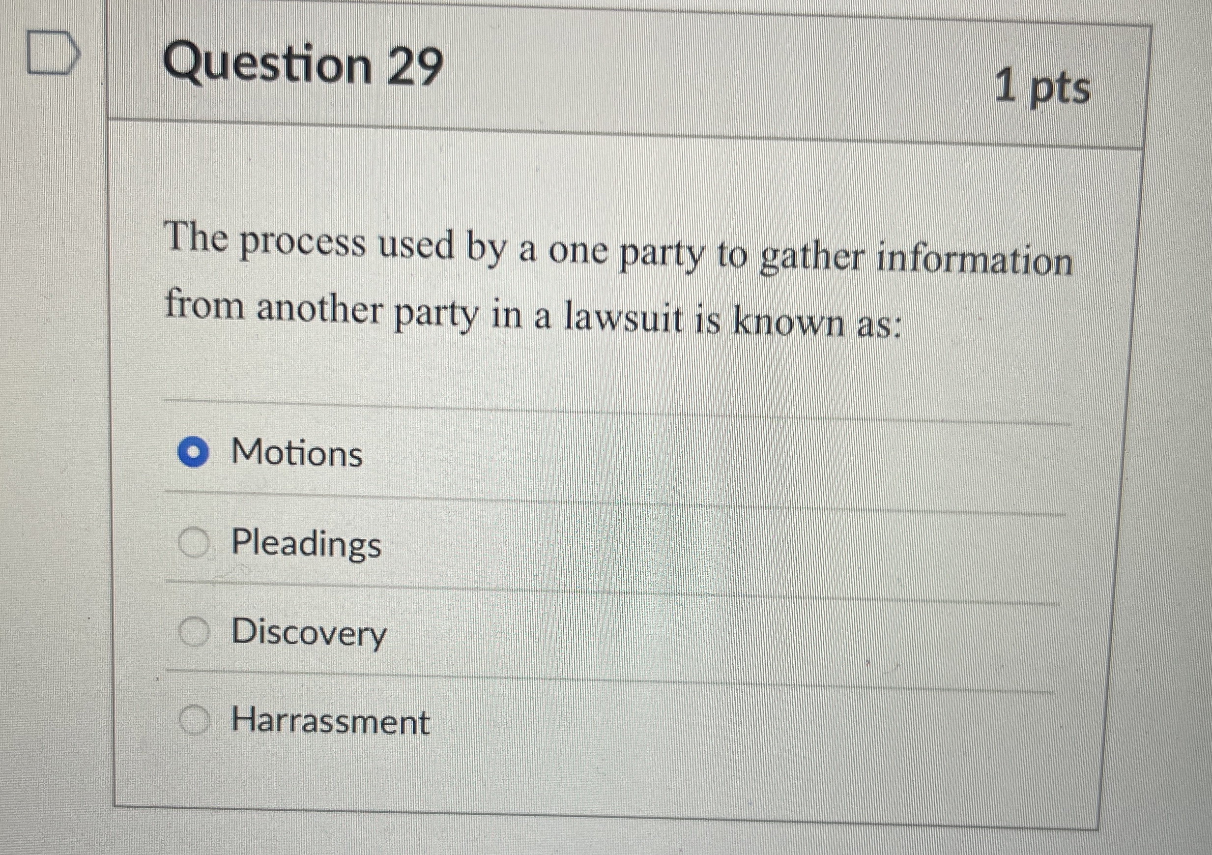  Question 29 The process used by a one party to gather