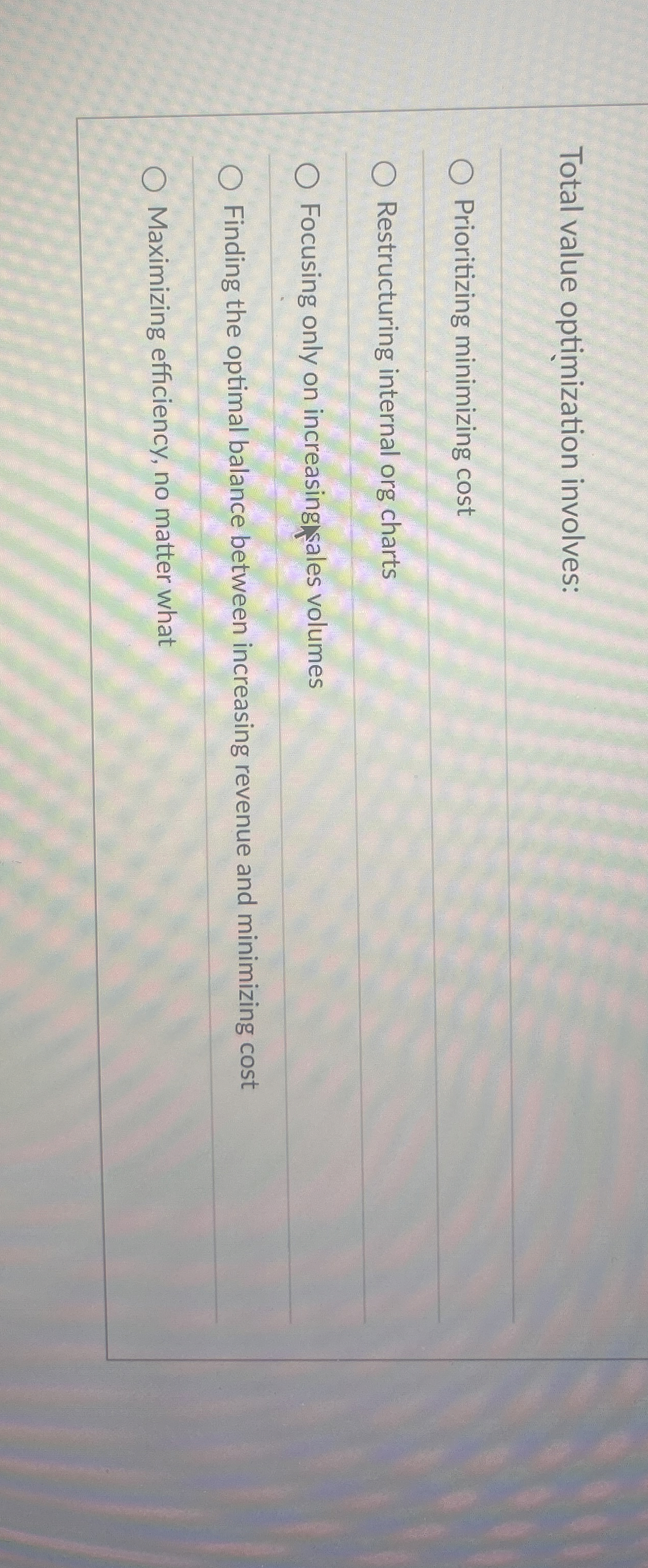  Total value optimization involves: Prioritizing minimizing cost Restructuring internal org charts