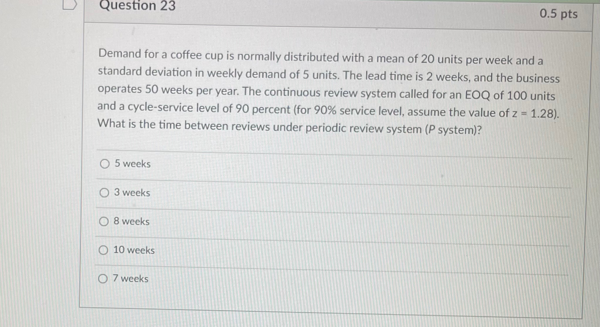  Question 23 0.5pts Demand for a coffee cup is normally distributed