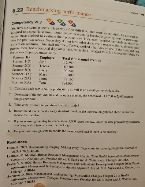  6.22 Benchmarking performance Competency VI.3 You have six scanner techs. Three