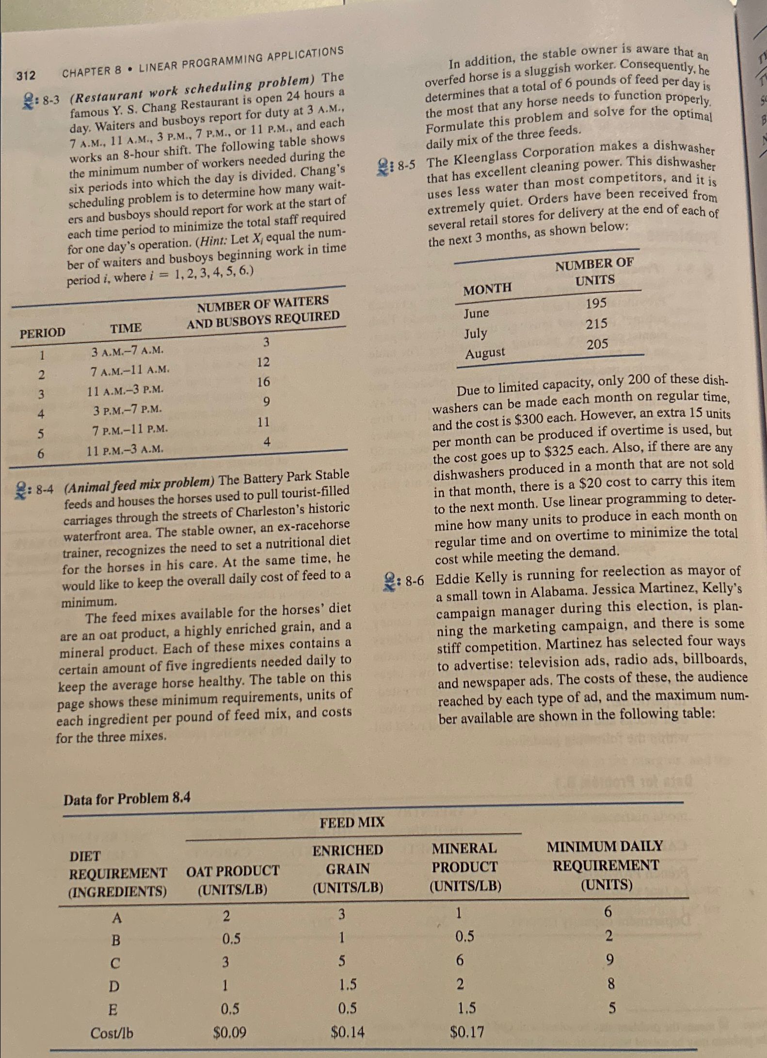  312 CHAPTER 8- LINEAR PROGRAMMING APPLICATIONS 8-3(Restaurant work scheduling problem) The