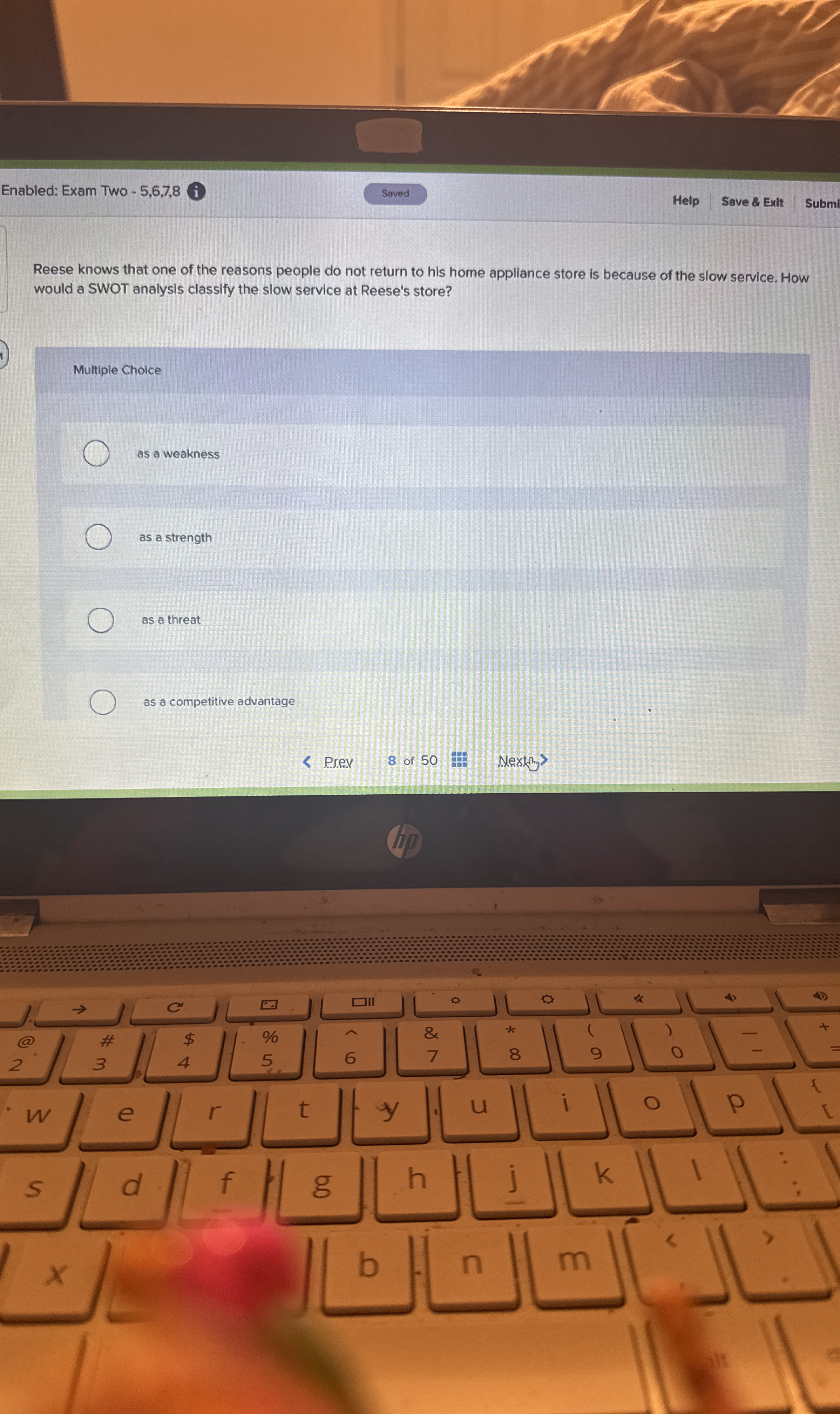  Enabled: Exam Two -5,6,7,8 Help Save & Exit Submi Reese knows