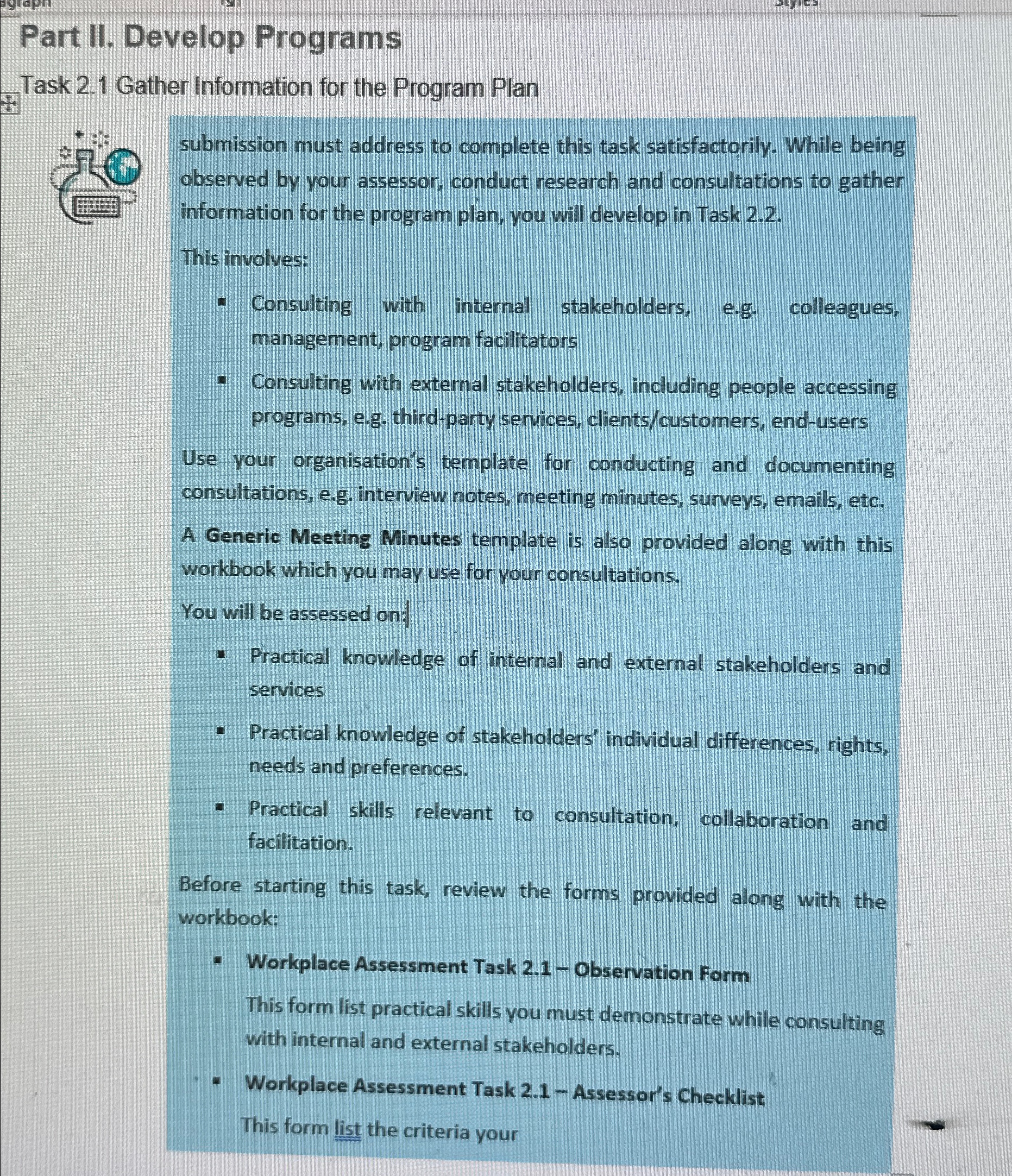  Part II. Develop Programs Task 2.1 Gather Information for the Program
