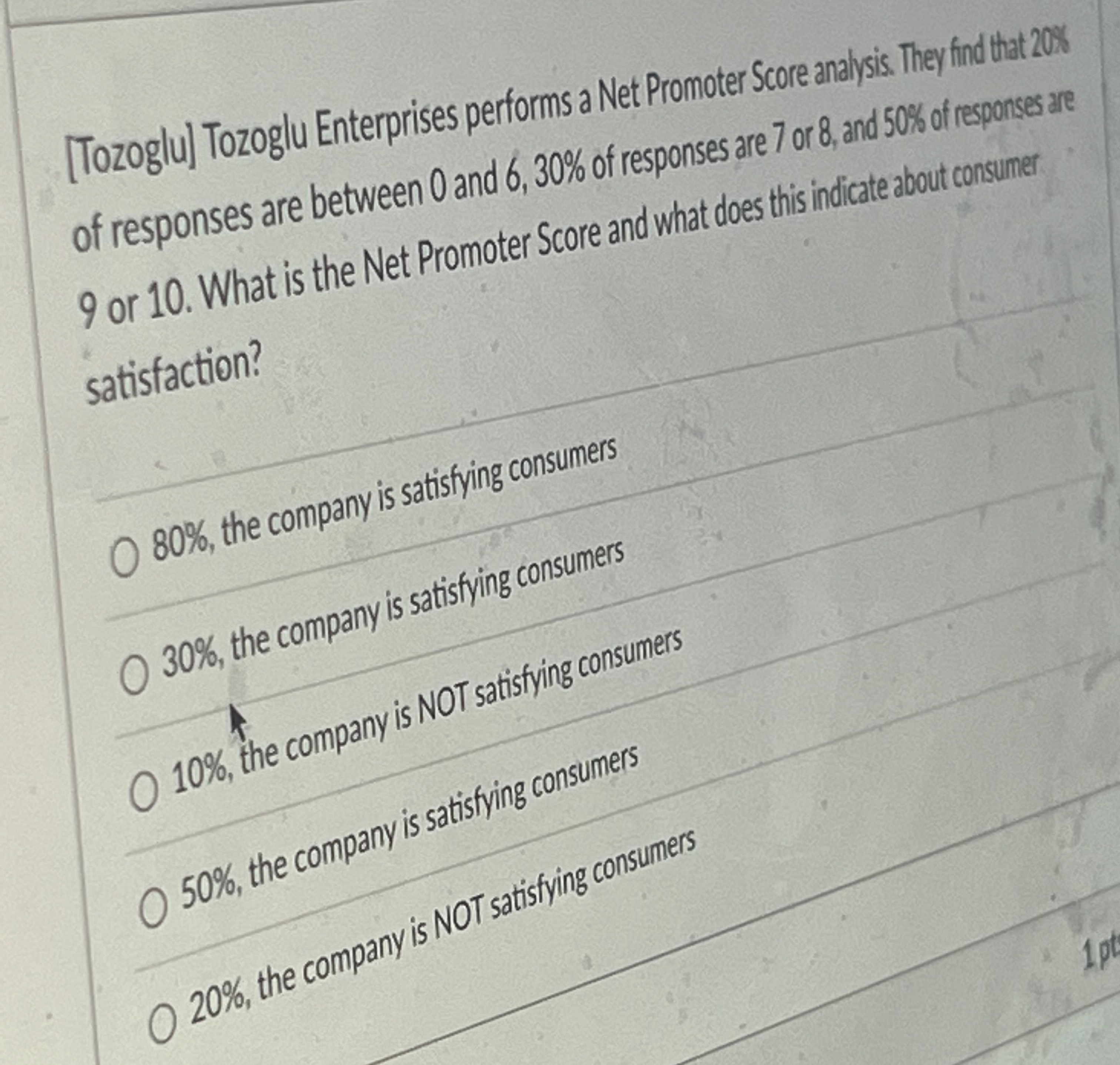  [Tozoglu] Tozoglu Enterprises performs a Net Promoter Score analysis. They find