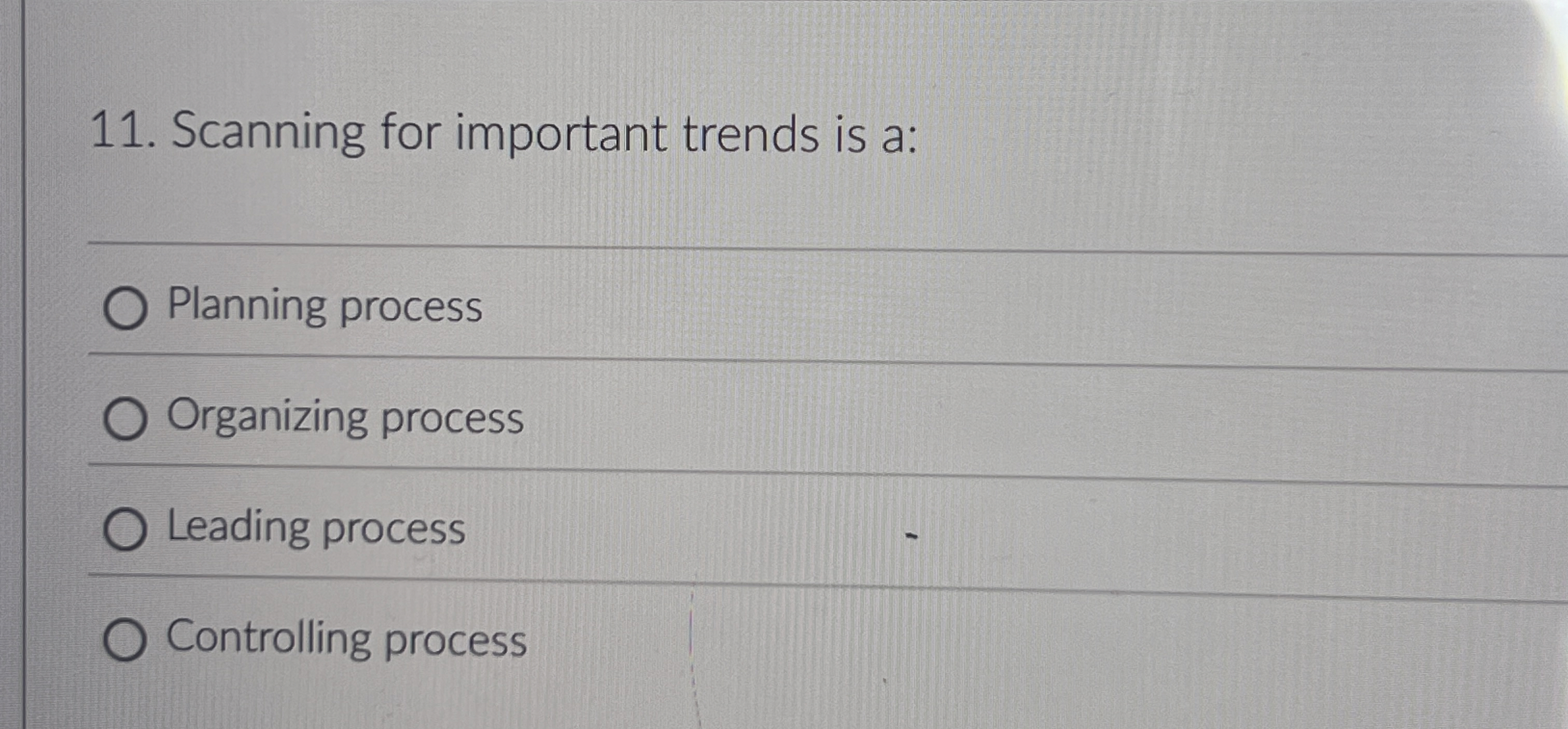  Scanning for important trends is a: Planning process Organizing process Leading