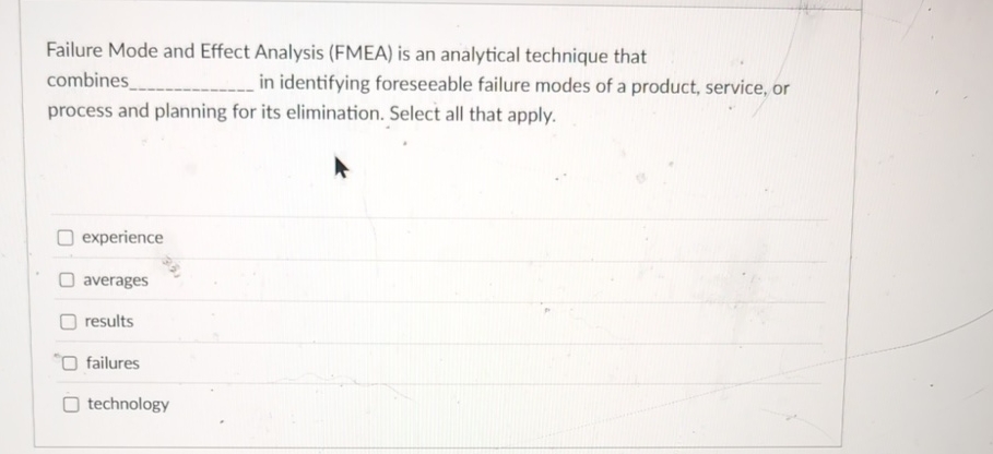  Failure Mode and Effect Analysis (FMEA) is an analytical technique that