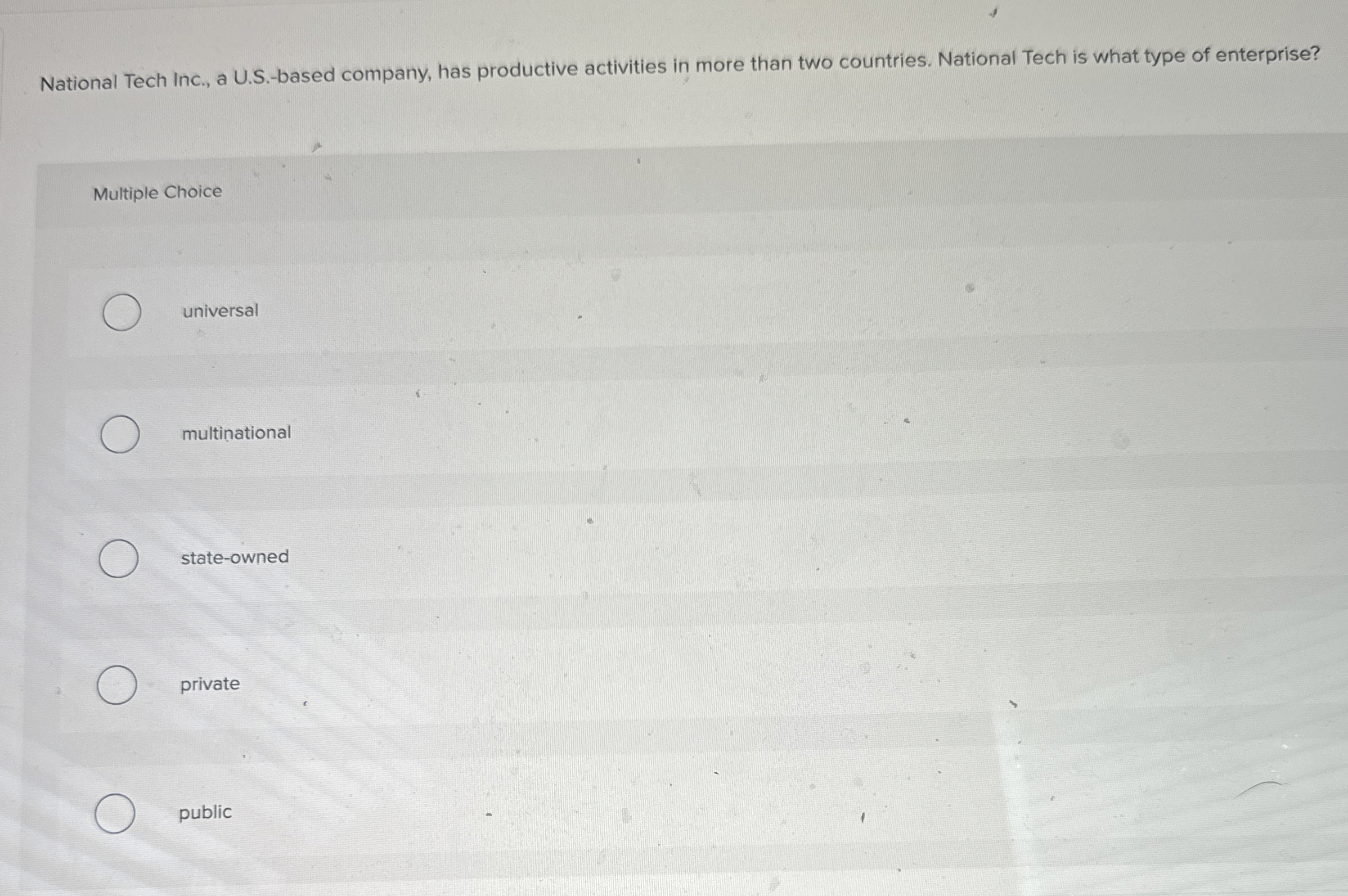  National Tech Inc., a U.S.-based company, has productive activities in more