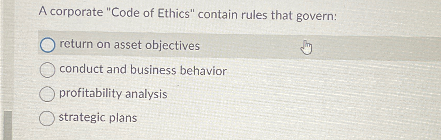  A corporate "Code of Ethics" contain rules that govern: return on