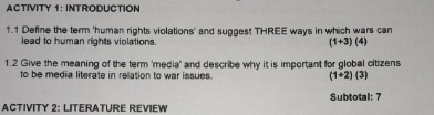  ACTIVITY 1: INTRODUCTION 1.1 Define the term 'human rights violations' and