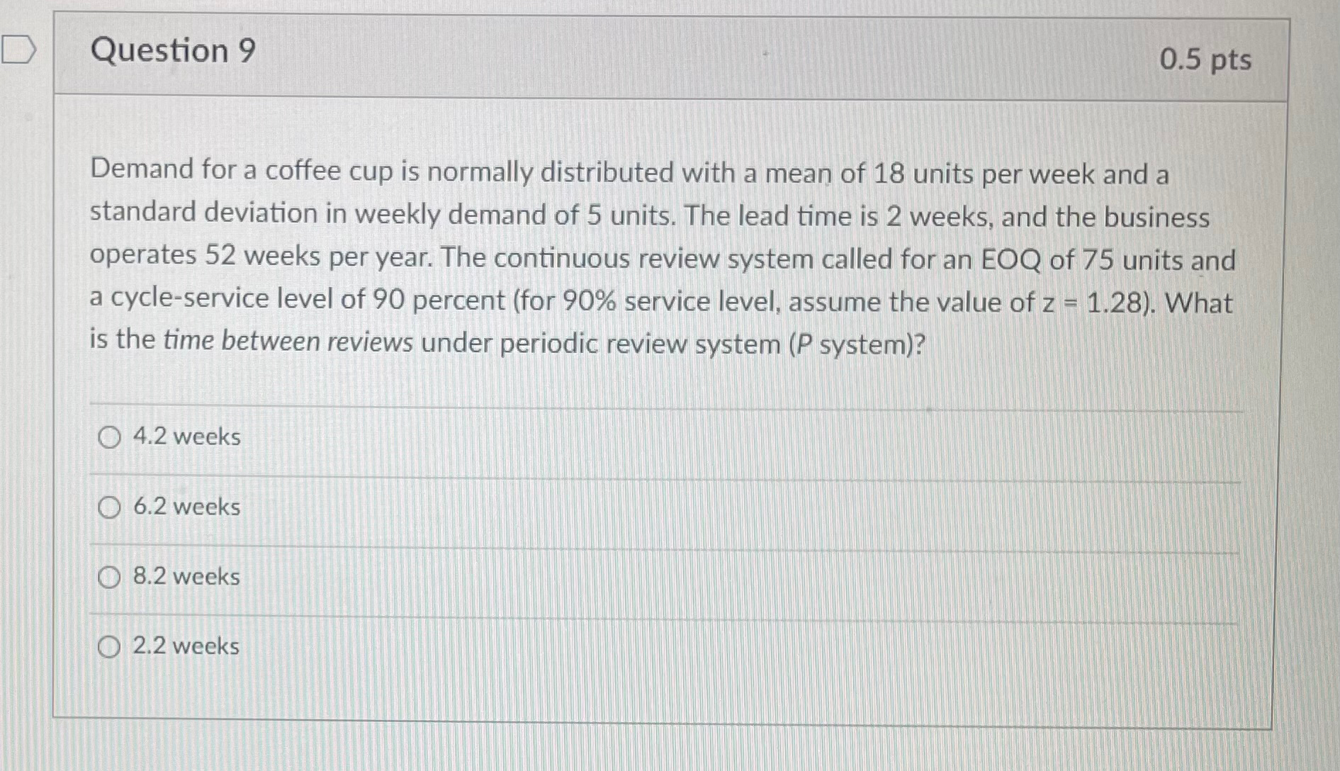  Question 9 0.5pts Demand for a coffee cup is normally distributed