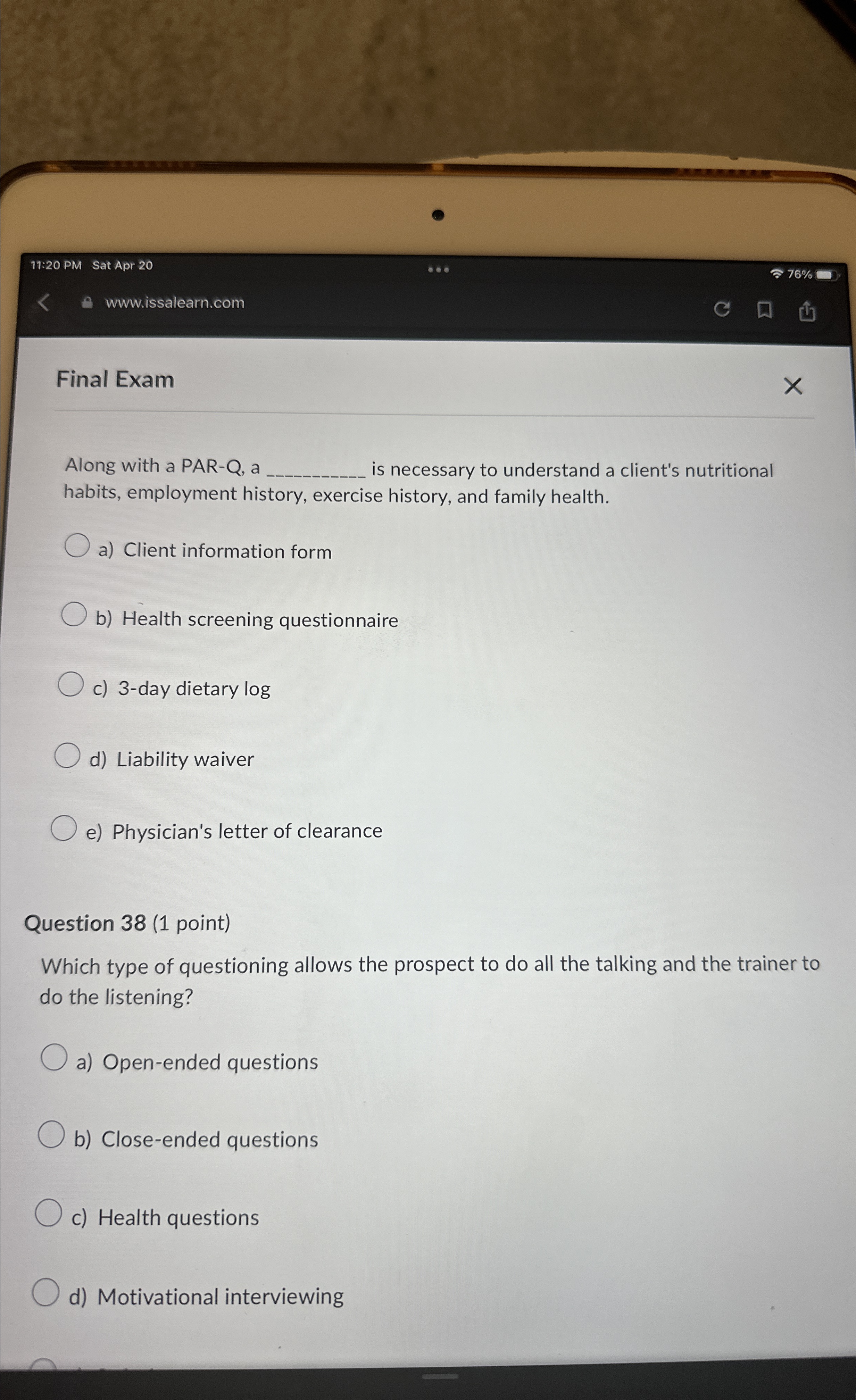  11:20 PM Sat Apr 20 76% www.issalearn.com Final Exam Along with