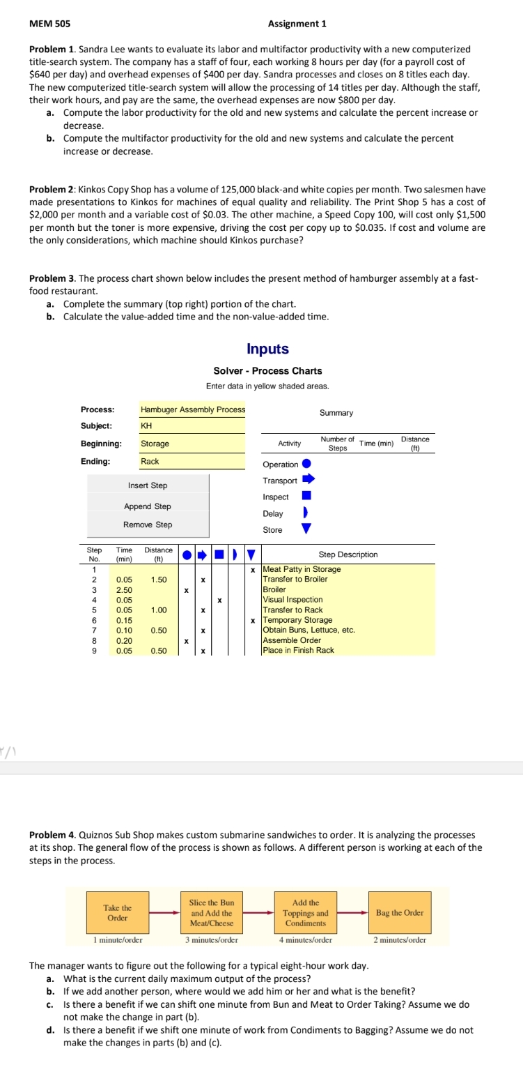  MEM 505Problem 1. Sandra Lee wants to evaluate its labor and