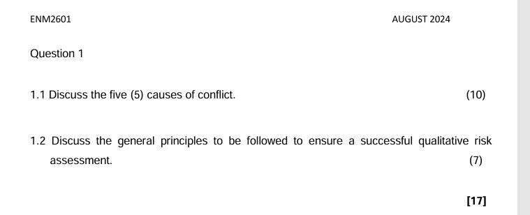  Question 1 1.1 Discuss the five (5) causes of conflict. 1.2