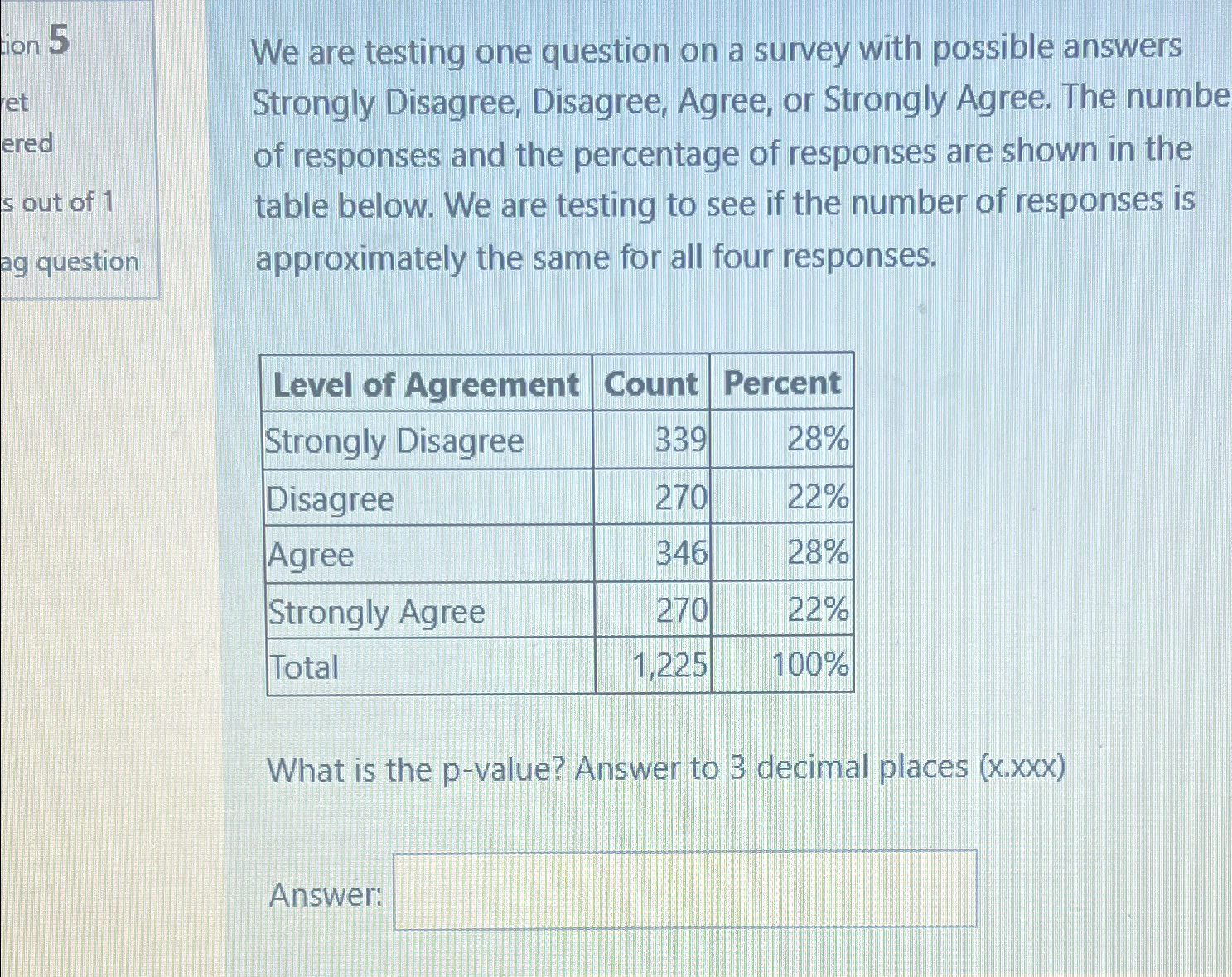  We are testing one question on a survey with possible answers