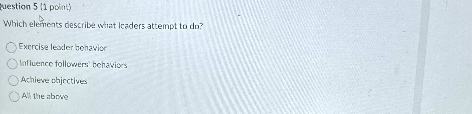  uestion 5(1 point) Which elements describe what leaders attempt to do?