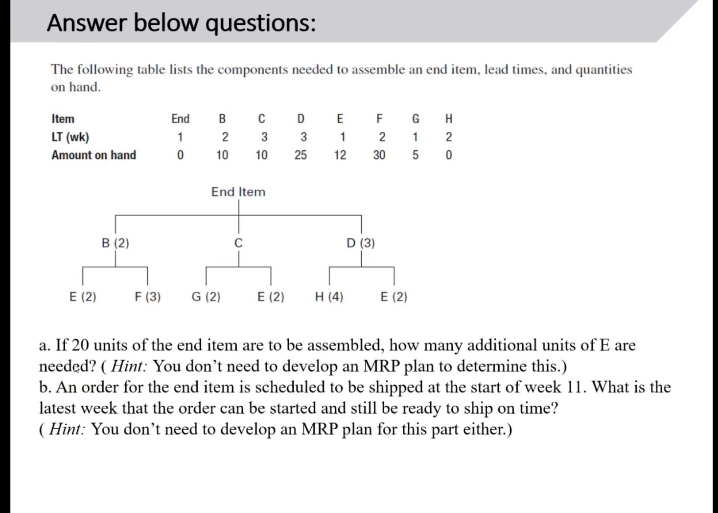  Answer below questions: The following table lists the components needed to