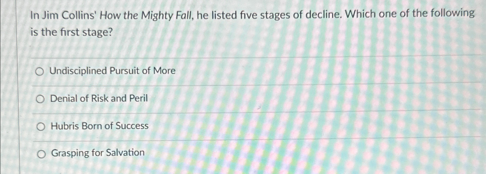  In Jim Collins' How the Mighty Fall, he listed five stages