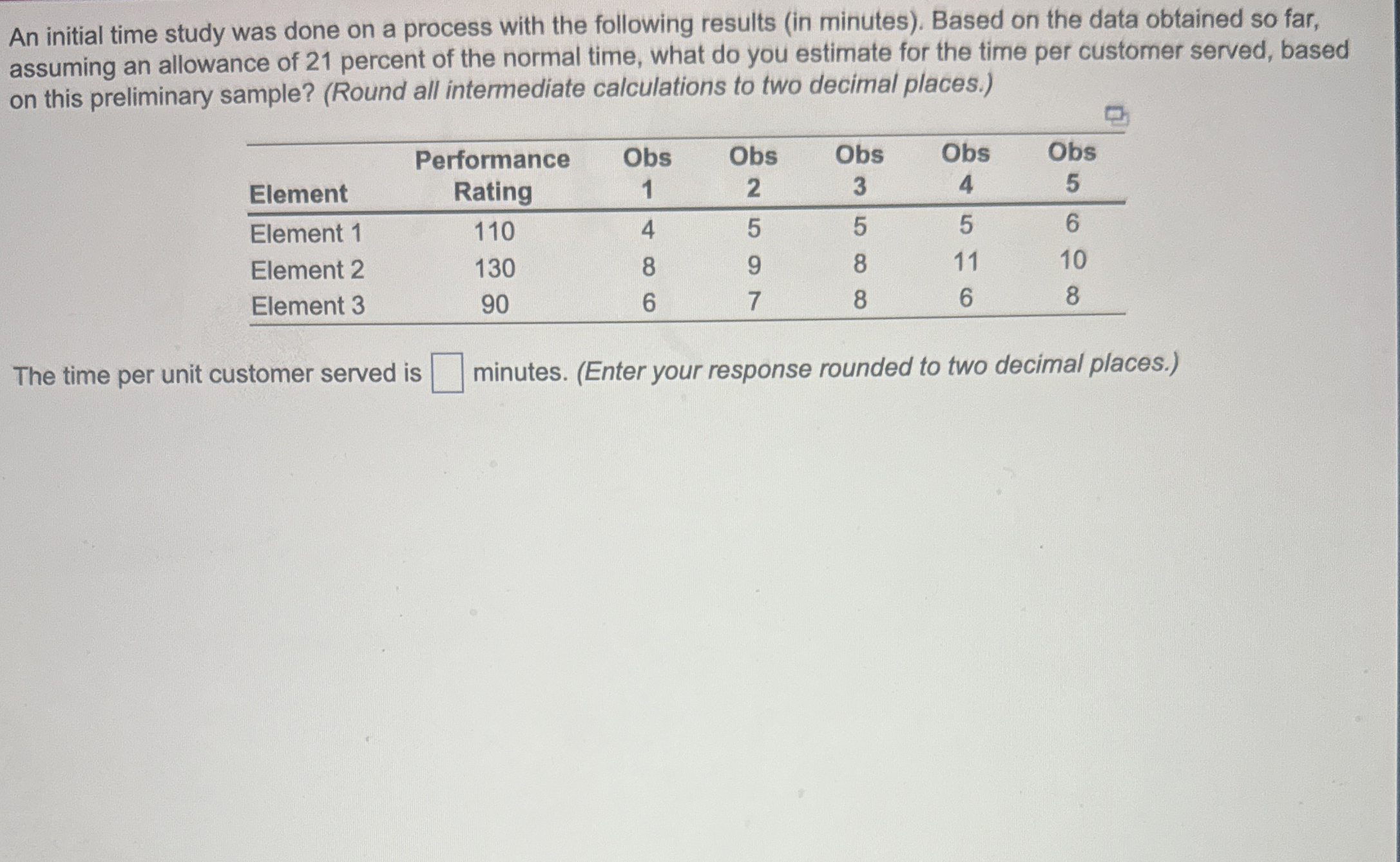  An initial time study was done on a process with the