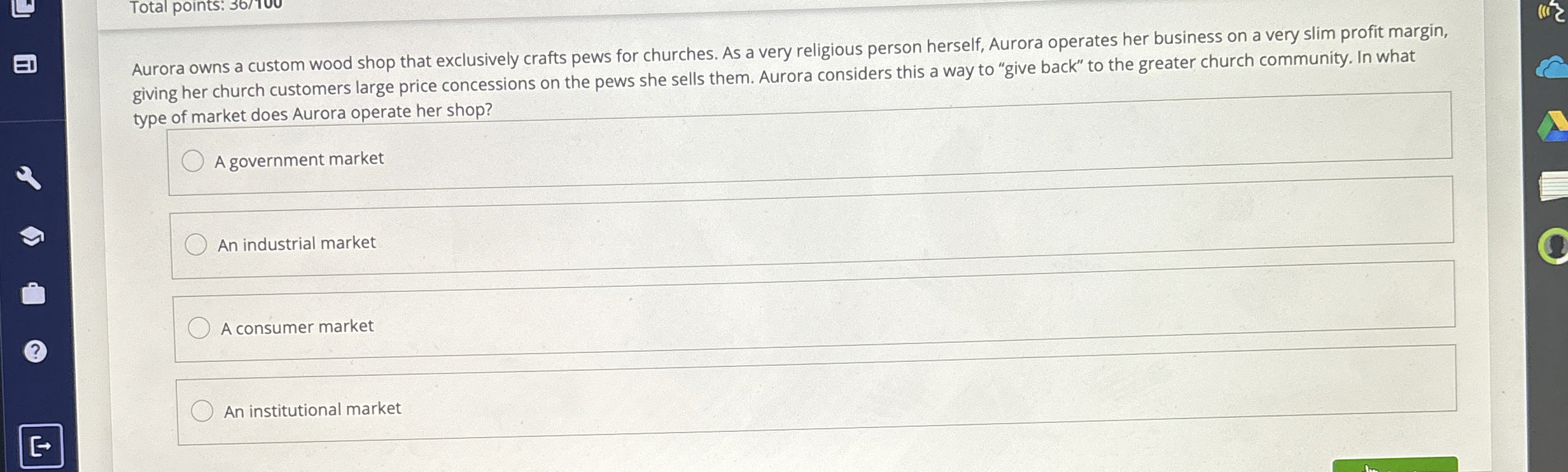  Total points: 36100 Aurora owns a custom wood shop that exclusively