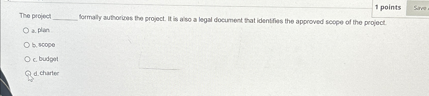  1 points Save The project _____ formally authorizes the project. It