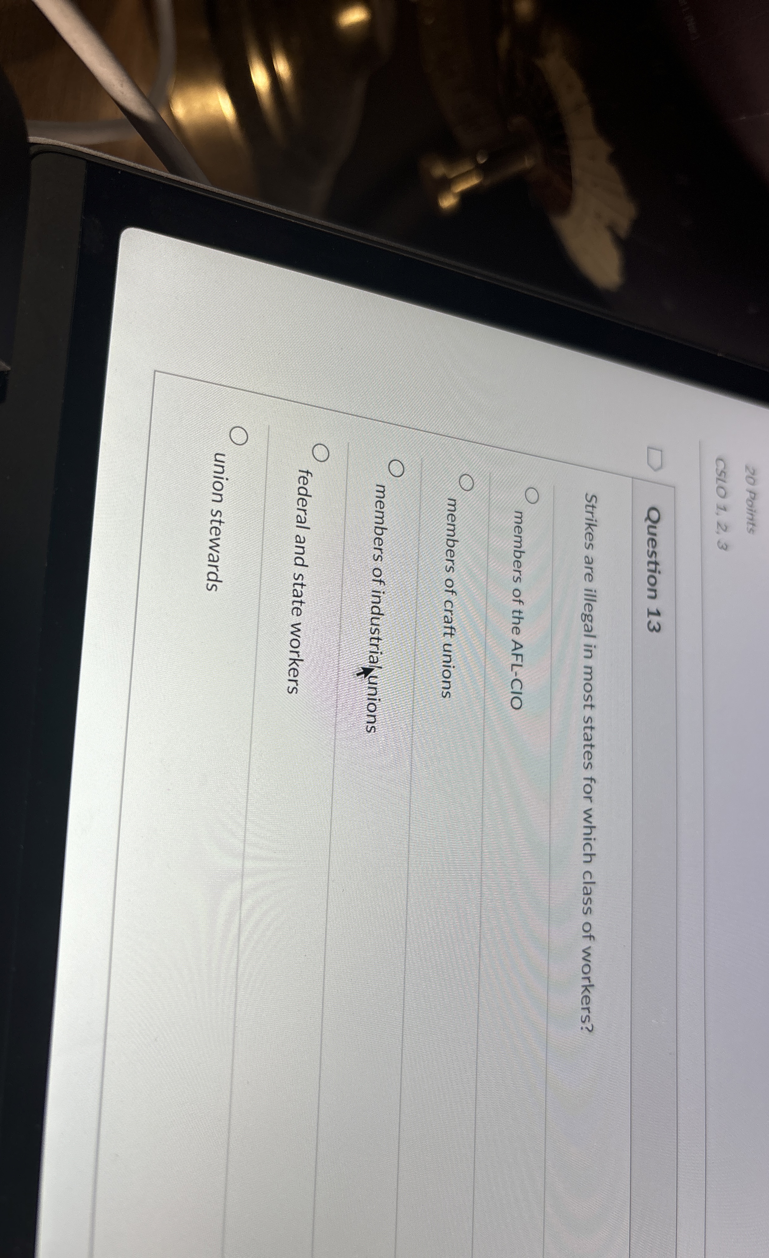  20 Points CSLO1,2,3 Question 13 Strikes are illegal in most states