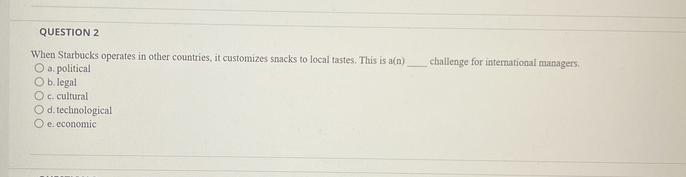  QUESTION 2 When Starbucks operates in other countries, it customizes snacks