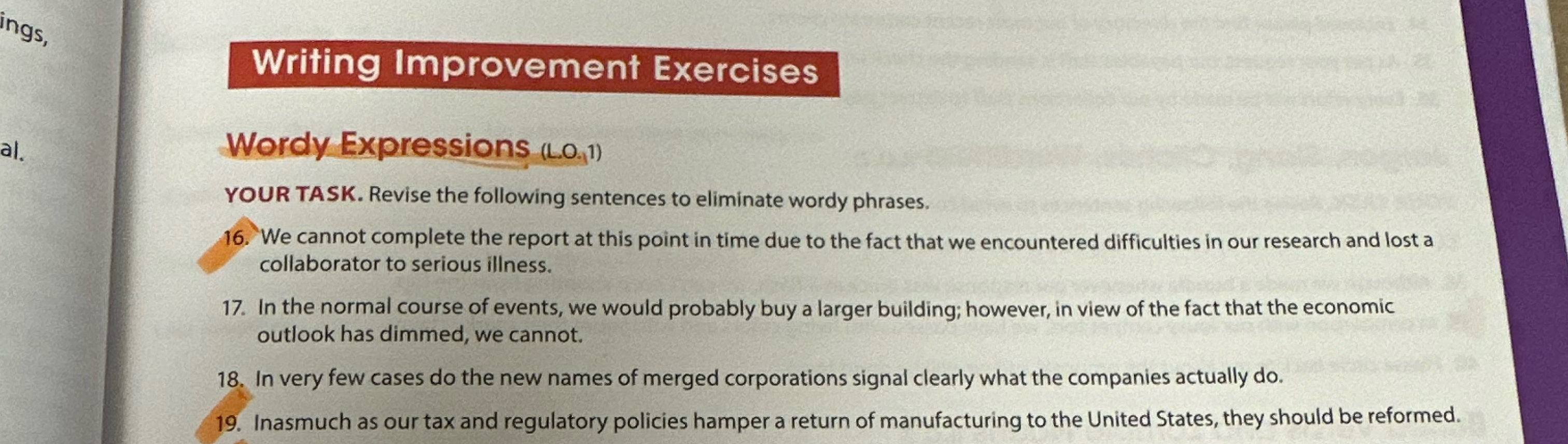  Writing Improvement Exercises Wordy Expressions (L.0.1) YOUR TASK. Revise the following