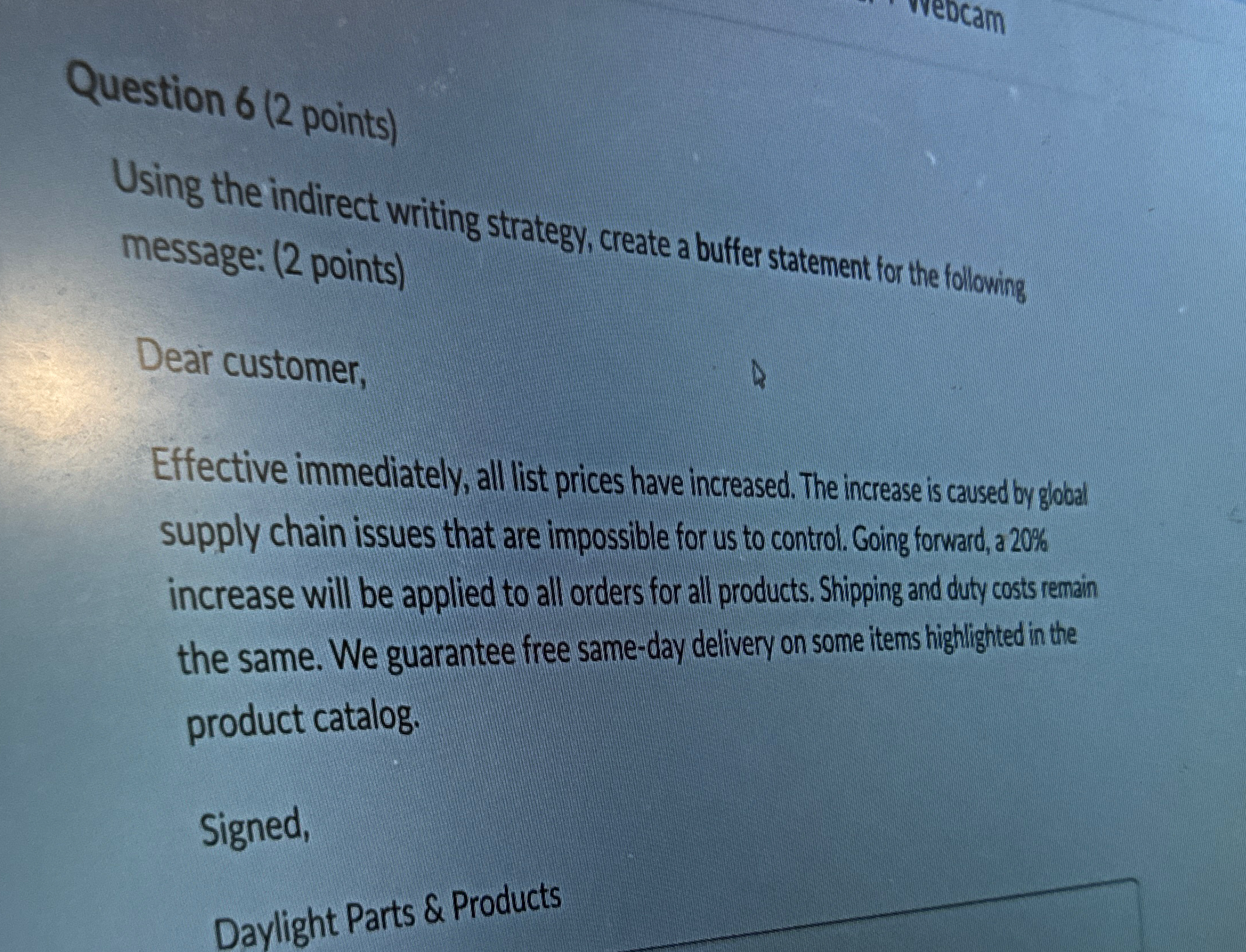  Question 6(2 points) Using the indirect writing strategy, create a buffer