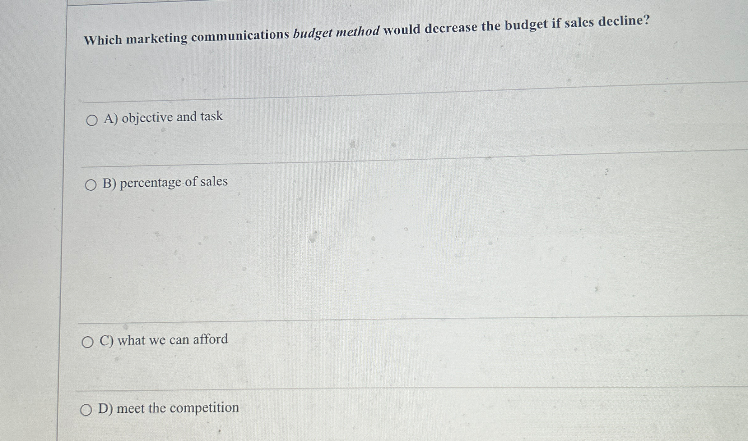  Which marketing communications budget method would decrease the budget if sales