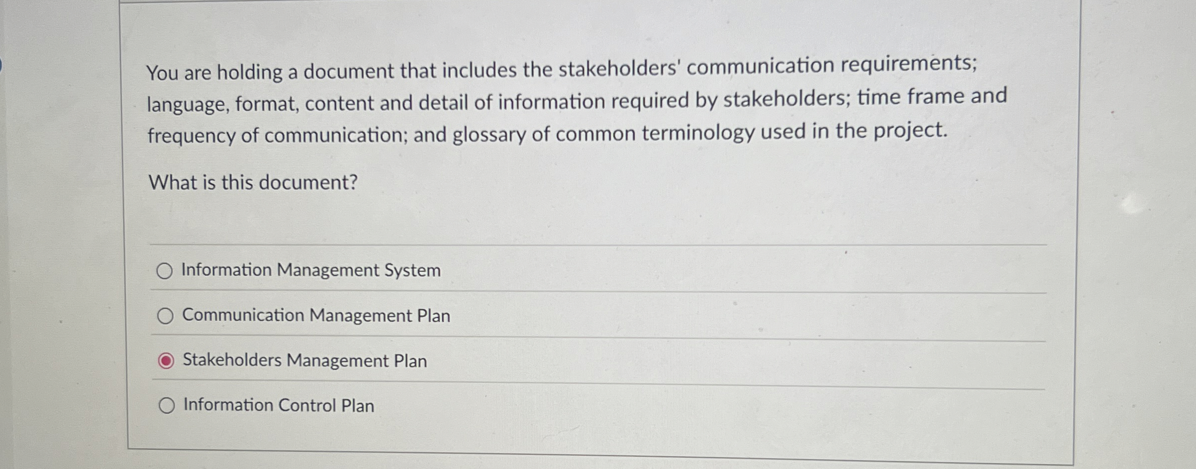  You are holding a document that includes the stakeholders' communication requirements;
