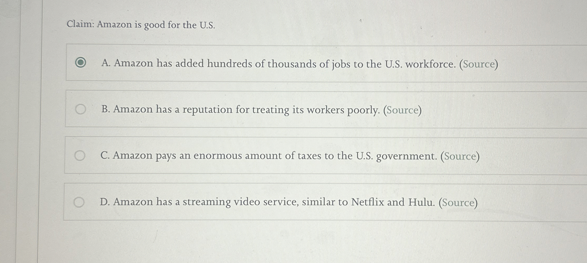  Claim: Amazon is good for the U.S. A. Amazon has added