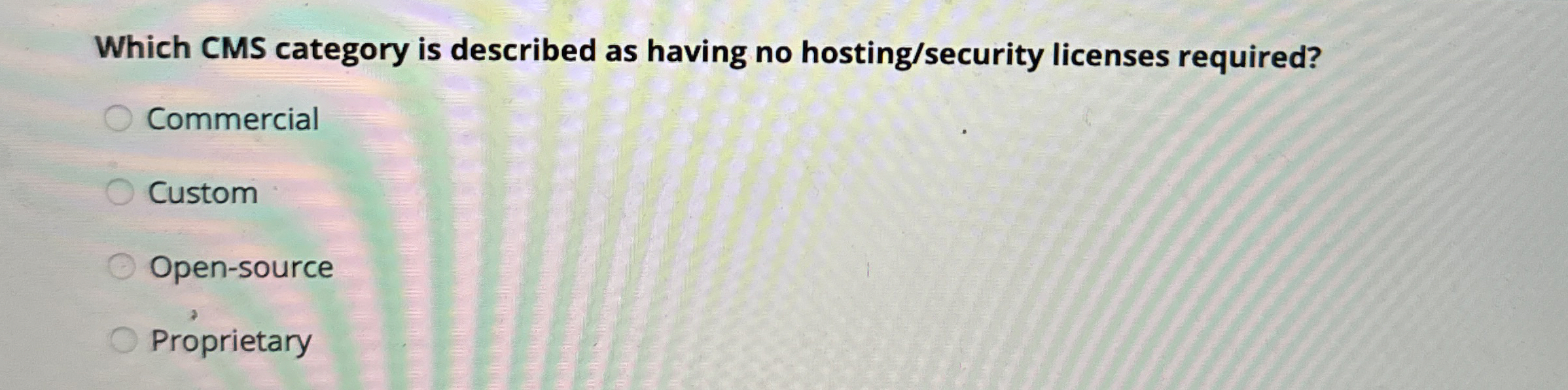  Which CMS category is described as having no hosting/security licenses required?