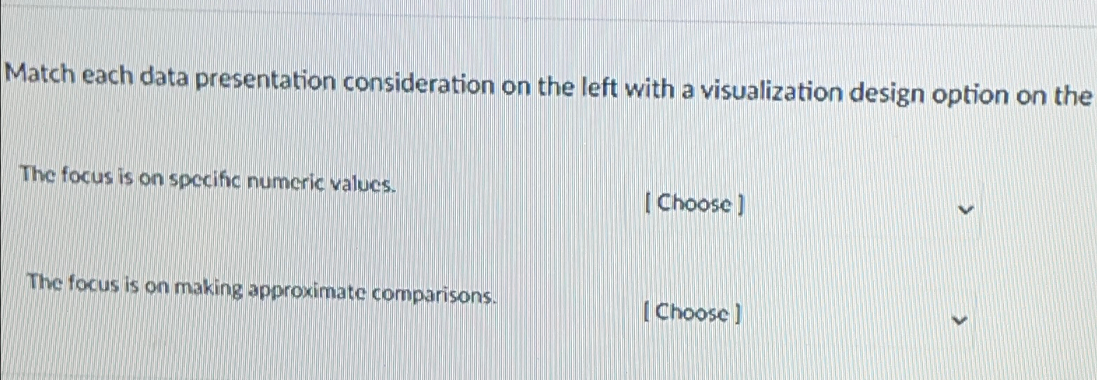  Match each data presentation consideration on the left with a visualization
