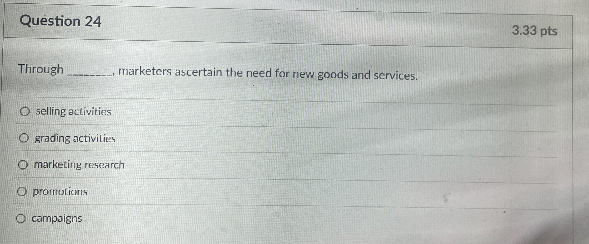  Question 24 3.33 pts Through marketers ascertain the need for new