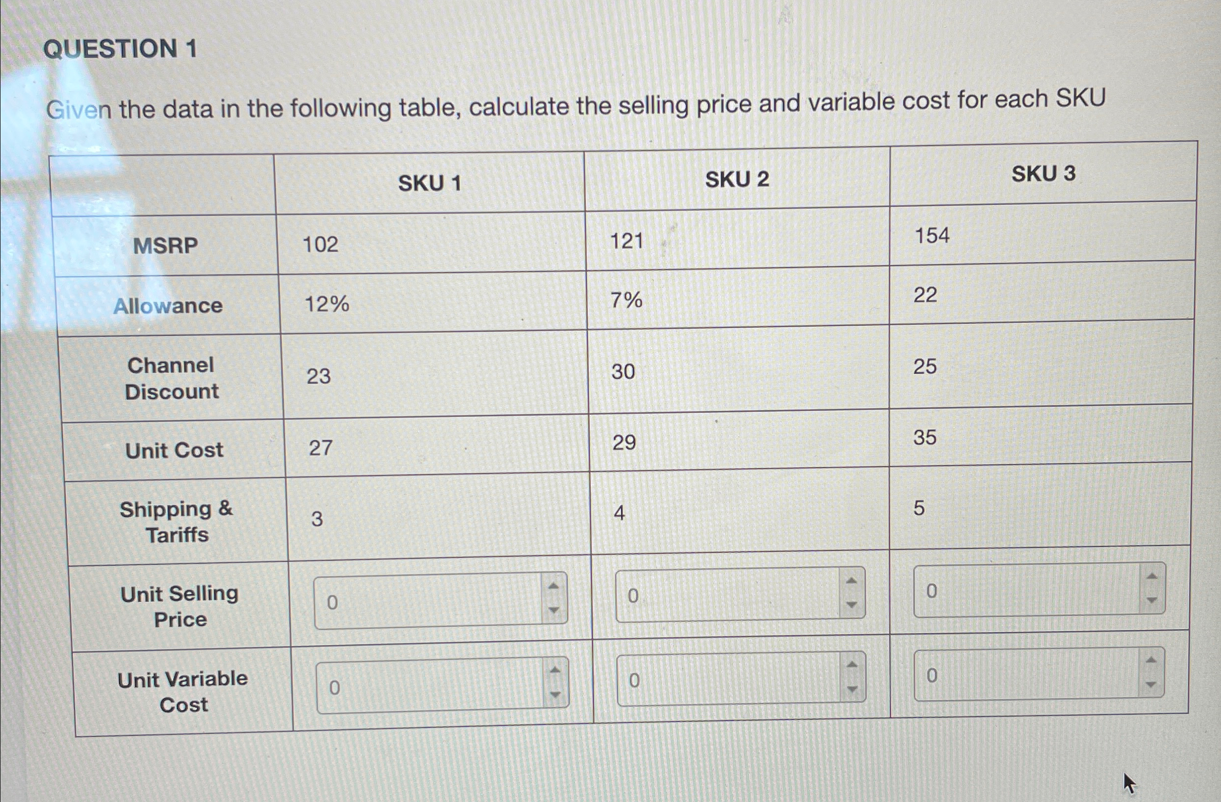  QUESTION 1 Given the data in the following table, calculate the