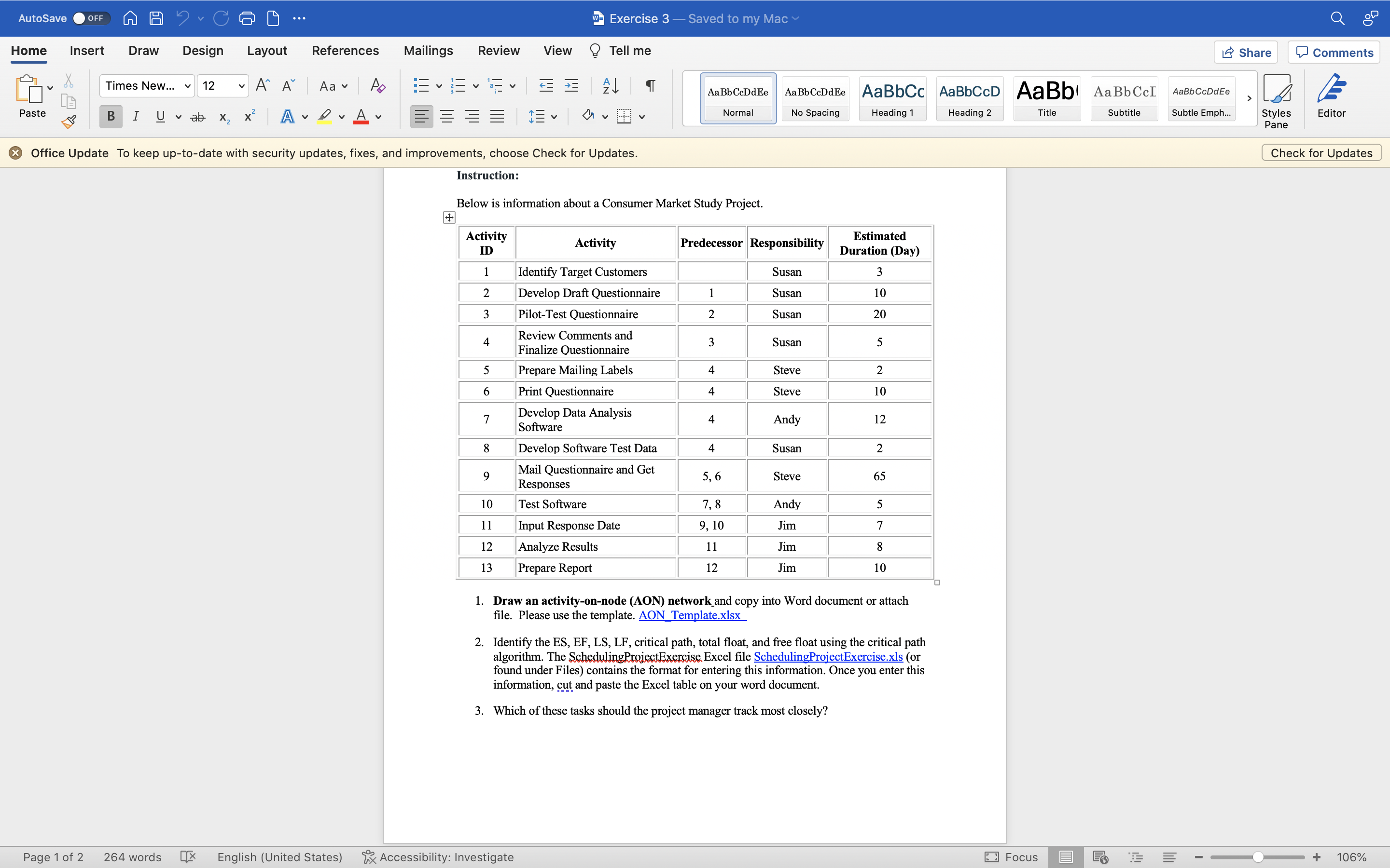 Draw an activity-on-node (AON) network_and copy into Word document or attach