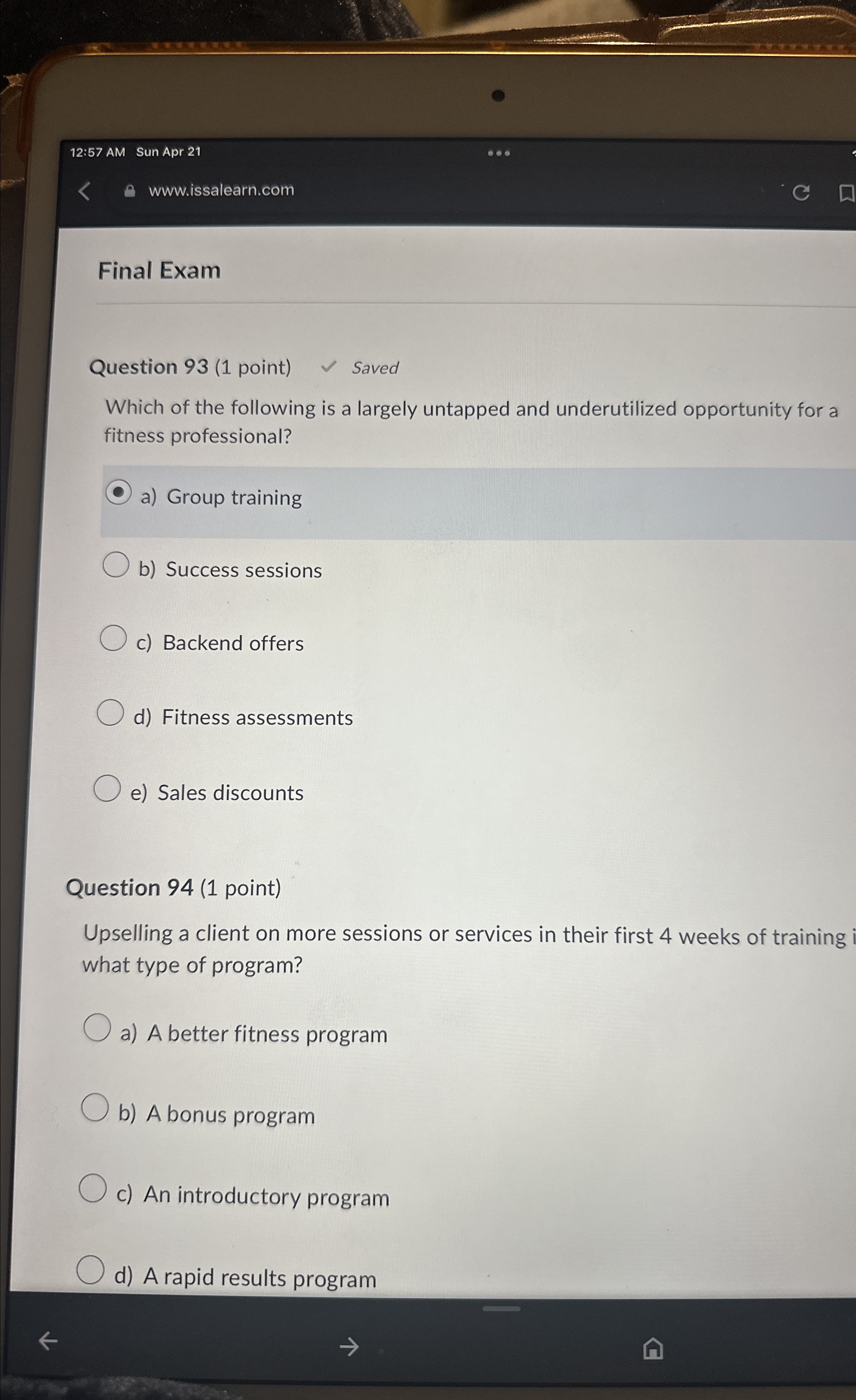  12:57 AM Sun Apr 21 Www.issalearn.com Final Exam Question 93(1 point)