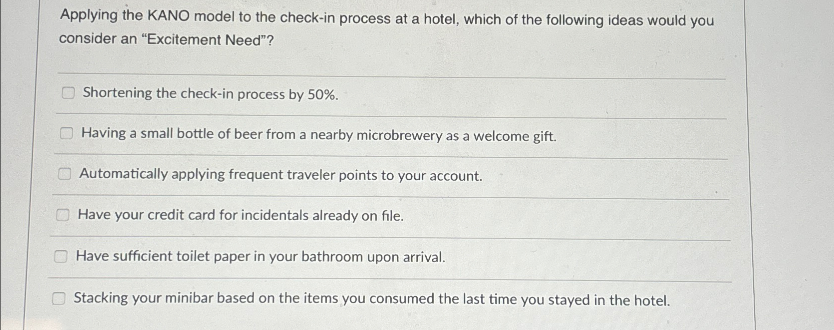  Applying the KANO model to the check-in process at a hotel,