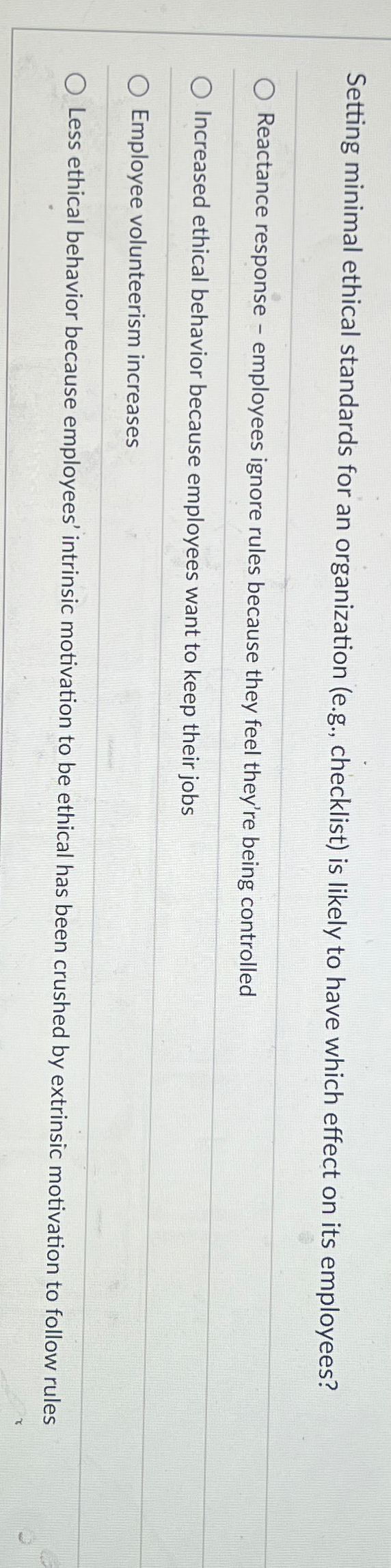  Setting minimal ethical standards for an organization (e.g., checklist) is likely