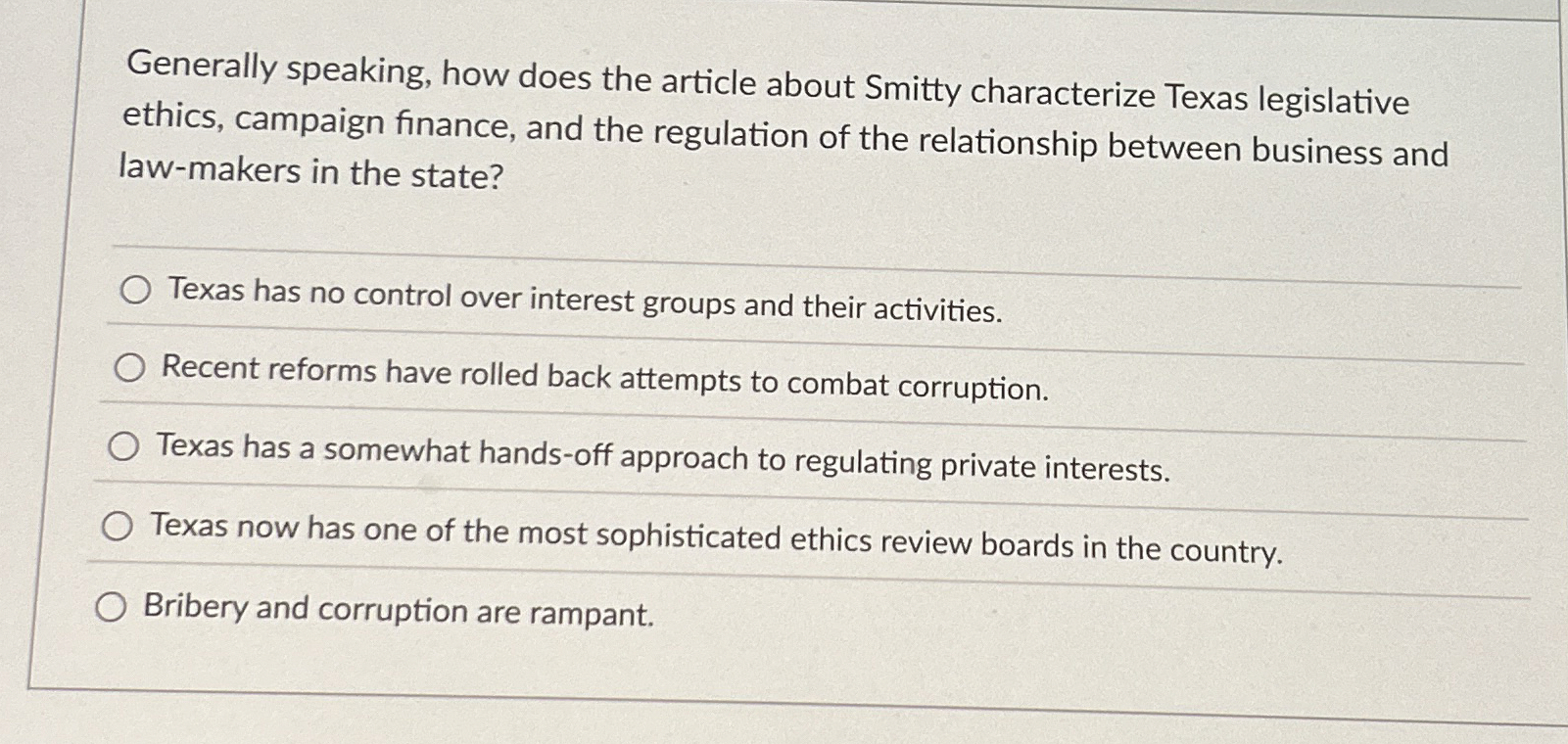  Generally speaking, how does the article about Smitty characterize Texas legislative