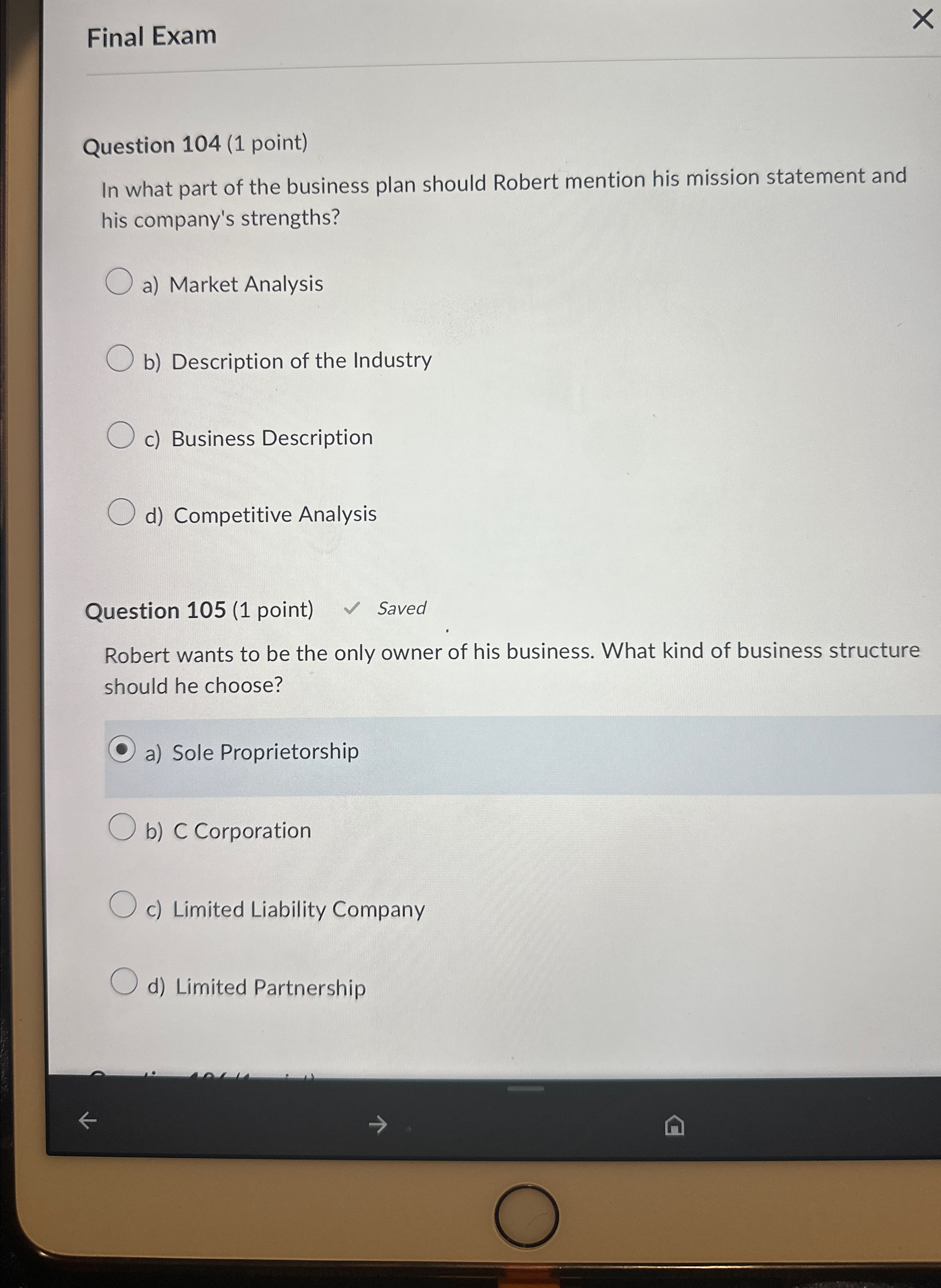  Final Exam Question 104(1 point) In what part of the business