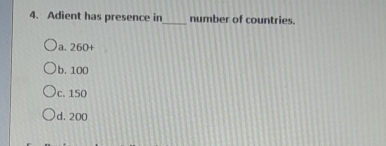  Adient has presence in ________ number of countries. a.260+ b.100 c.150