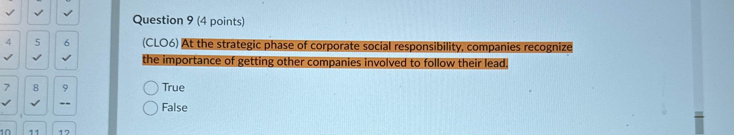  Question 9(4 points) (CLO6) At the strategic phase of corporate social