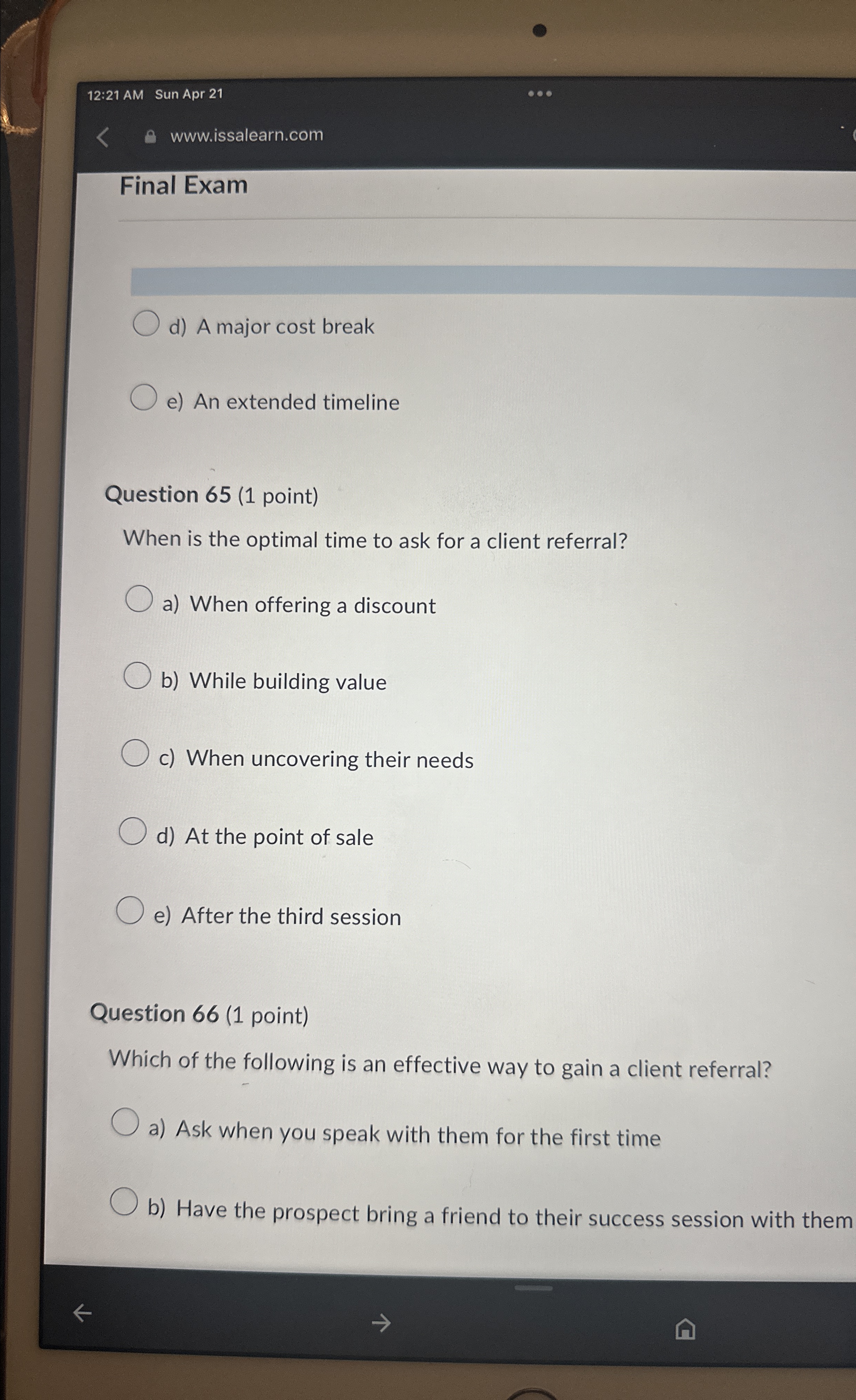  12:21 AM Sun Apr 21 www.issalearn.com Final Exam d) A major
