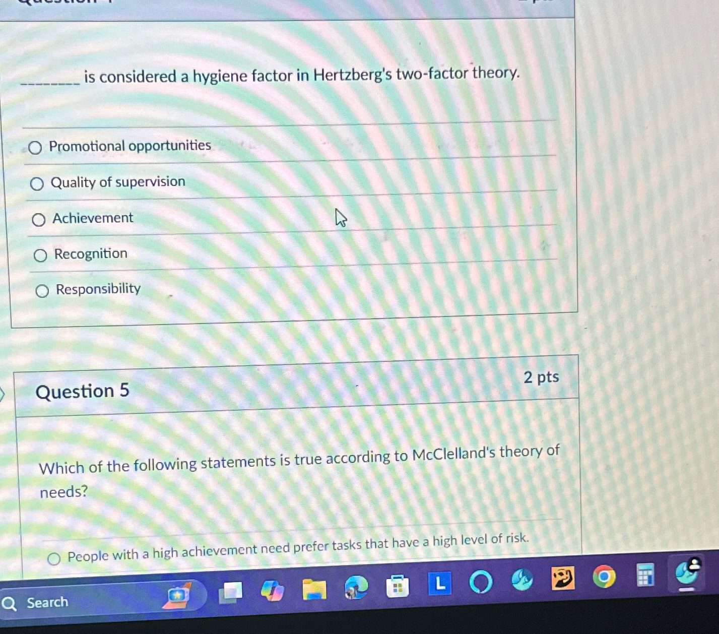  is considered a hygiene factor in Hertzberg's two-factor theory. Promotional opportunities