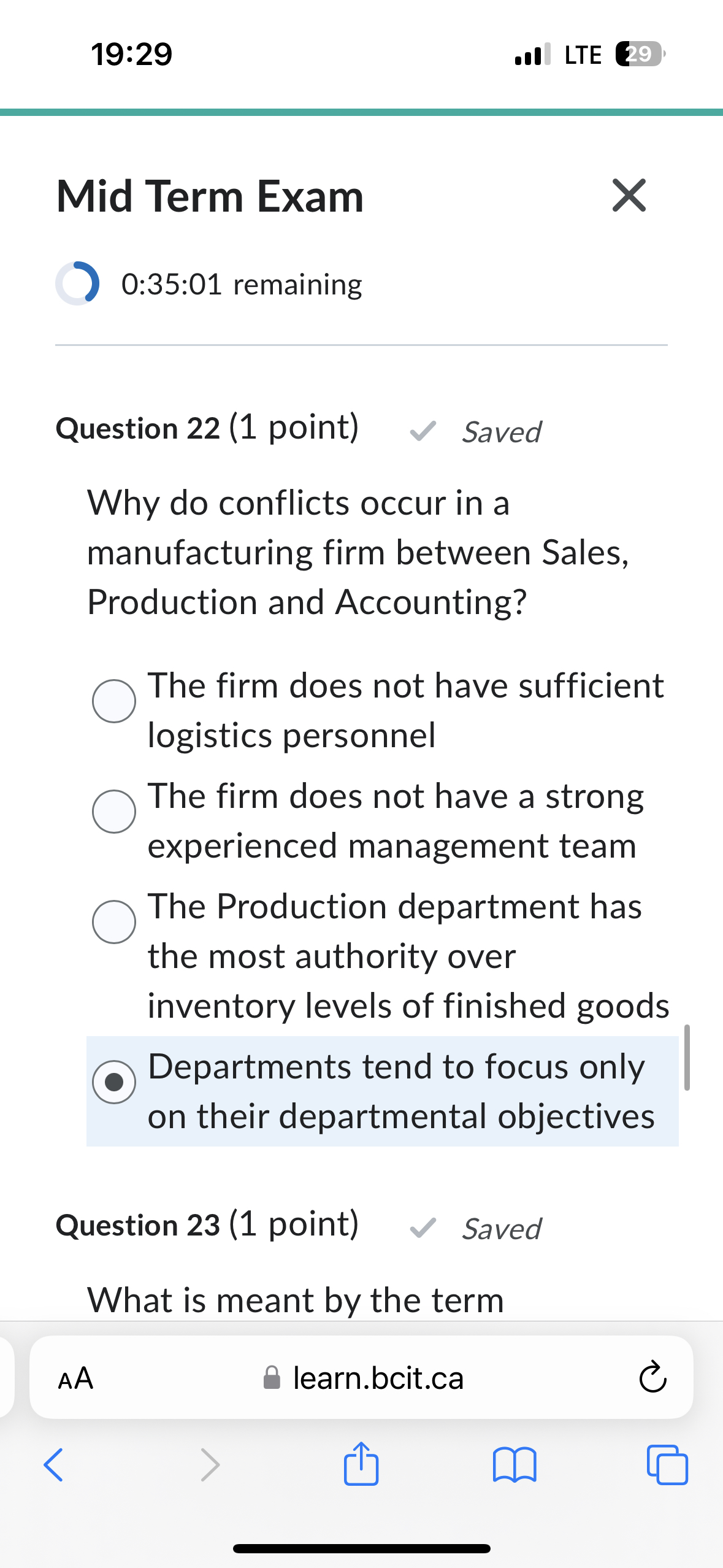  19:29 LTE Mid Term Exam 0:35:01 remaining Question 22(1 point) Saved