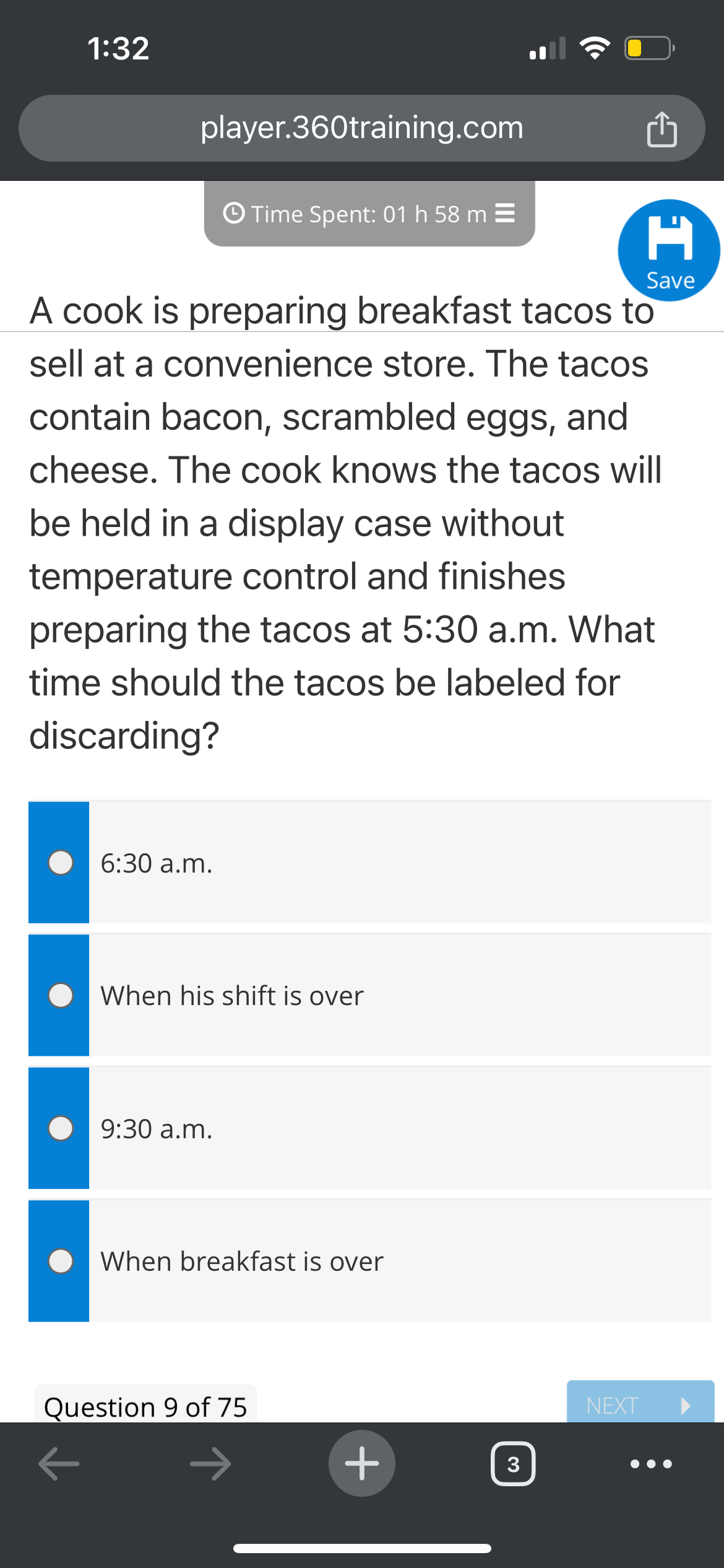  1:32 player.360training.com (1) Time Spent: 01 h 58 m A cook