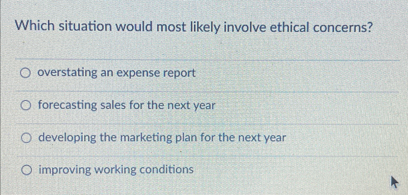  Which situation would most likely involve ethical concerns? overstating an expense