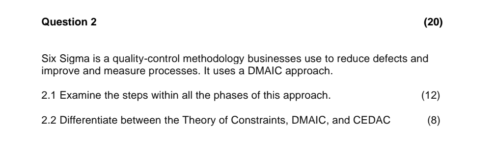  Question 2 (20) Six Sigma is a quality-control methodology businesses use